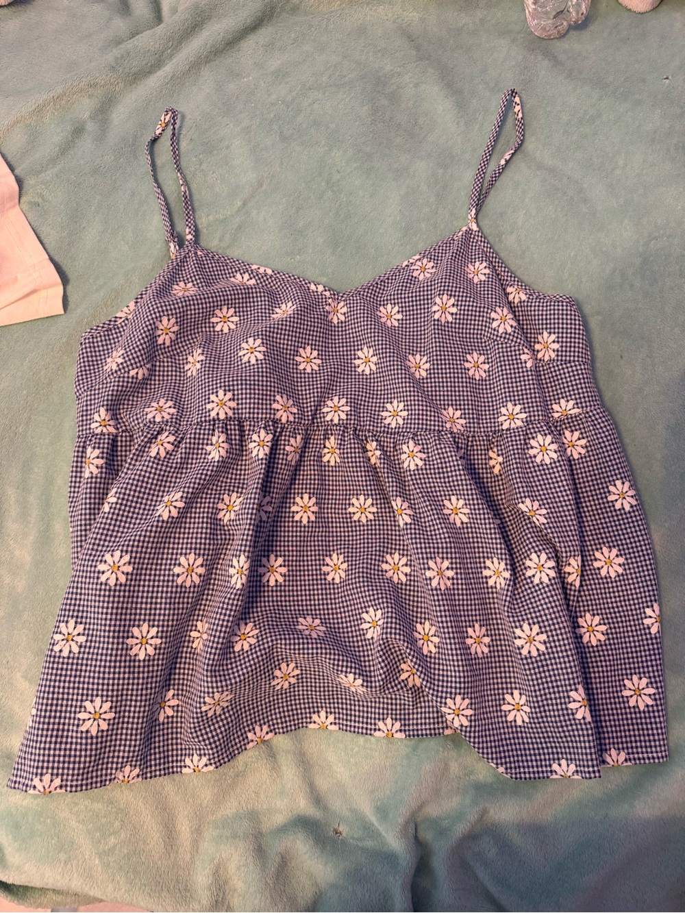Blue Daisy Gingham Spaghetti Strap Women's Tank Top